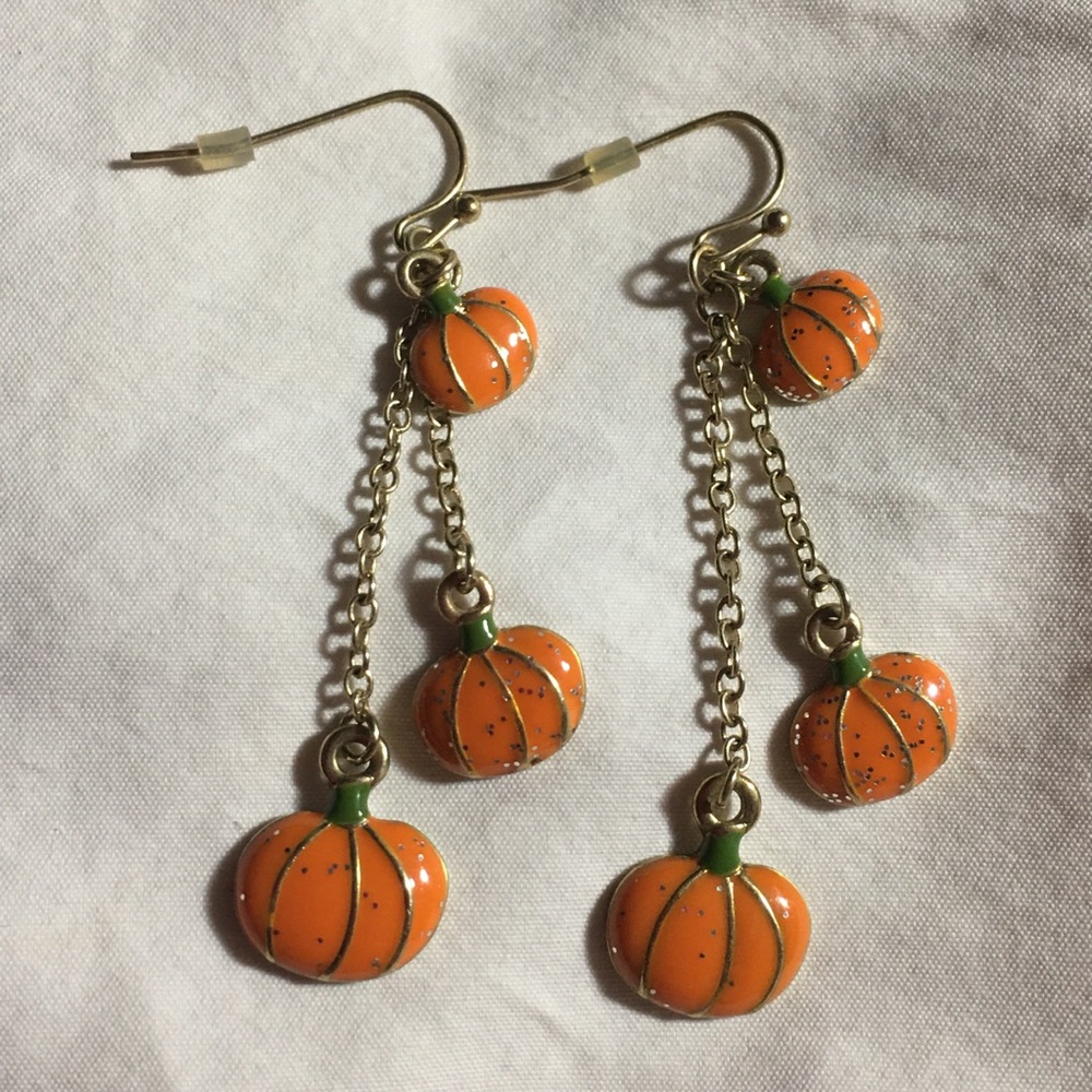 🎃 Pumpkin Earrings Gold-Tone Glittery Dangle